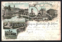 Lithographie Saarbrücken-St. Johann, Alte Brücke Saarbrücker Seite, Ehrenthal, Spichererberg  - Saarbrücken