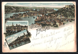 Lithographie Passau, Ortsansicht Von Der Donaubrücke, Innstadt, Gesamtansicht  - Passau