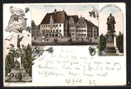 Lithographie Heilbronn, Rathaus, Denkmal Kaiser Friedrich III., Kaiser Wilhelm-Denkmal  - Heilbronn