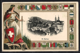 AK St. Gallen, Ortspartie Aus Der Vogelschau, Göttin Und Verschiedene Ortswappen  - Sankt Gallen