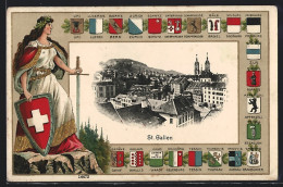 AK St. Gallen, Ortspartie Aus Der Vogelschau, Göttin Und Verschiedene Ortswappen  - St. Gallen