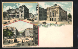 Lithographie Geneve, Rue Du Mont Blanc, Hote Des Postes, Victoria-Hall, Strassenbahn  - Sonstige & Ohne Zuordnung