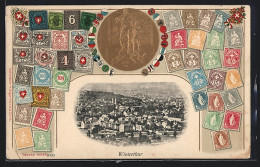 Präge-AK Winterthur, Stadtansicht Und Passepartout Mit Briefmarken  - Other & Unclassified