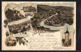 Lithographie Baden, Casino, Schloss Stein, Schartenfeld, Gefängnisturm  - Baden