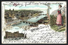Lithographie Zürich, Bahnhof, Grossmünster Mit Alpen Und See  - Other & Unclassified