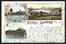 Lithographie Luzern, Hôtel Du Lac Und Kappelbrücke  - Lucerna