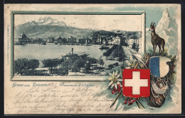 Passepartout-Lithographie Luzern, Promenade & Pilatus, Gemse Mit Wappen  - Lucerne