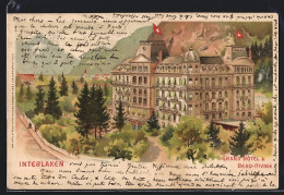 Lithographie Interlaken, Grand Hôtel & Beau-Rivage  - Interlaken