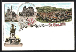 Lithographie St. Gallen, Unionbank, Stiftskirche Und Monumentalbrunnen  - San Galo