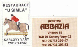 Czech Republic, 2 Matchbox Labels Karlovy Vary - Restaurace U Šimla - Horse, Apartma Abbazia - Luciferdozen - Etiketten