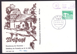 7571 FORST Lausitz 1985 LANDPOSTSTEMPEL Blau Auf Gedenkkarte Devastierung Dorf Weißagk - Lettres & Documents