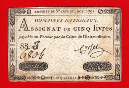 ASSIGNAT 5 LIVRES - 1 NOVEMBRE 1791 - REVOLUTION FRANCAISE - Assignats & Mandats Territoriaux