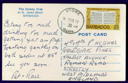 Ref 1653 - 1977 Barbados Postcard - Stamp Not Cancelled Alongside A Superb Rubber Postmark For Stone Staffordshire - Cartas & Documentos