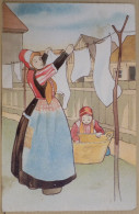 FANTAISIE CPA CARTE POSTALE ANCIENNE ILLUSTRATEUR JEUNE HOLLANDAISE ETENDANT LE LINGE - 1900-1949