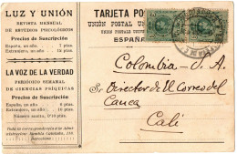 1,106 SPAIN, 1910, POSTAL STATIONERY TO COLOMBIA - 1850-1931