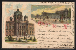 Lithographie Wien, Hof-Museum Und Parlament  - Andere & Zonder Classificatie