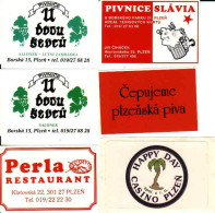 Czech Republic, 6 Matchbox Labels Plzen - Pivnice U Dvou Ševcú, Pivnice Slavia, Restaurant Perla, Casino Happy Day - Matchbox Labels