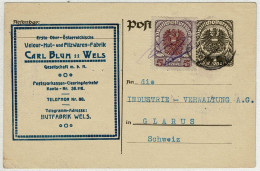 Oesterreich / Austria 1921, Ganzsachen-Karte Mit Zudruck Hutfabrik Wels - Glarus (Schweiz) - Cartes Postales
