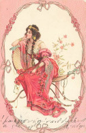 N°25165 - Carte Gaufrée - Art Nouveau - Jeune Femme Songeuse, Assise - Women