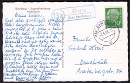 13a BUG über BAMBERG 2 1958 LANDPOSTSTEMPEL Blau Auf AK Jugendherberge Bamberg Wolfsschlucht > Osnabrück - Briefe U. Dokumente