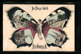 AK Freiburg I. B., Münster, Neues Rathaus, Schwabenbrücke Und -tor, Bilder Auf Flügeln Einer Schmetterlingsdame  - Photographie