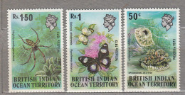 BRITISH INDIAN OCEAN TERRITORY 1973 Marine Fauna Butterfly Insects MNH(**) Mi 54-56 #Fauna695-1 - Sonstige & Ohne Zuordnung