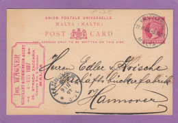 ENTIER POSTAL AVEC REPIQUAGE DE VALETTA POUR HANNOVRE,1897. - Malte (...-1964)