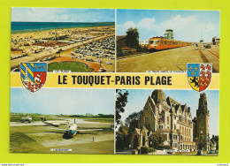 62 LE TOUQUET PARIS PLAGE En 4 Vues Aéroport Avions Train RTG Citroën DS 2CV VW Käfer Plage Hôtel De Ville VOIR DOS - Le Touquet