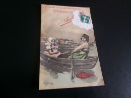 BELLE  CARTE FANTAISIE.."ENFANTS SUR UNE BARQUE"...FLEURS ET POISSONS AU 1ER AVRIL - 1er Avril - Poisson D'avril