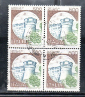 REPUBBLIA ITALY REPUBLIC 1980 CASTELLI D'ITALIA CASTLES CASTELLO ROVERETO CASTLE LIRE 500 QUARTINA BLOCK USATO USED - 1971-80: Oblitérés