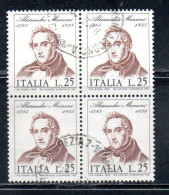 ITALIA REPUBBLICA ITALY REPUBLIC 1973 CENTENARIO MORTE DI ALESSANDRO MANZONI DEATH QUARTINA BLOCK LIRE 25 USATO USED - 1971-80: Oblitérés