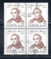 ITALIA REPUBBLICA ITALY REPUBLIC 1973 CENTENARIO MORTE DI ALESSANDRO MANZONI DEATH QUARTINA BLOCK LIRE 25 USATO USED - 1971-80: Oblitérés