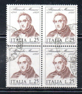 ITALIA REPUBBLICA ITALY REPUBLIC 1973 CENTENARIO MORTE DI ALESSANDRO MANZONI DEATH QUARTINA BLOCK LIRE 25 USATO USED - 1971-80: Used