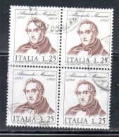 ITALIA REPUBBLICA ITALY REPUBLIC 1973 CENTENARIO MORTE DI ALESSANDRO MANZONI DEATH QUARTINA BLOCK LIRE 25 USATO USED - 1971-80: Gebraucht