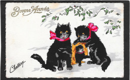 CHATS - Couple Chats Noirs Aux Rubans Roses Et Un Chaton - Signée - Katten
