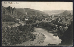 AK Bad Münster A. Stein, Ortsansicht Mit Flusspartie Und Brücke  - Bad Muenster A. Stein - Ebernburg