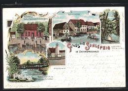 Lithographie Schlepzig /Unterspreewald, R. Tennerts Gasthof Zum Grünen Strand Der Spree, Kriegerdenkmal  - Autres & Non Classés