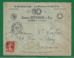 1909 Enveloppe Affr. 10 C Semeuse Oblit. LACANAU A FACTURE -  Scierie Mecanique DUVIGNEAU A Audence ( Gironde ) - 1877-1920: Semi Modern Period