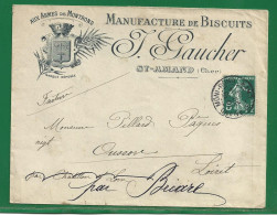 1908 Enveloppe Affr. 5 C Semeuse Oblit. ST AMAND MONT-ROND - Manufacture De Biscuits GAUCHER ( Cher ) Aux Armes De ... - 1877-1920: Semi Modern Period
