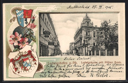 Passepartout-Lithographie Ludwigshafen A. Rh., Ludwigstrasse Mit Pfälzer Bank, Stadtwappen  - Autres & Non Classés