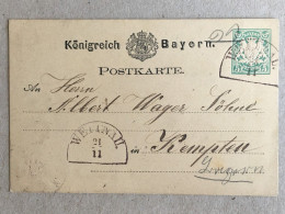 Deutschland Bavaria Bayern Stationery Entier Postal Ganzsachen 5 Pfennig Weitnau Kempten 1878 - Postwaardestukken
