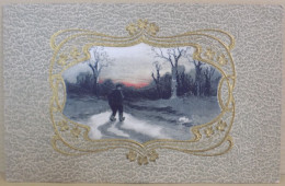 FANTAISIE CPA CARTE POSTALE GAUFREE ANCIENNE ILLUSTRATEUR PAYSAGE HIVER HOMME - 1900-1949