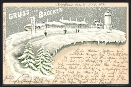 Winter-Lithographie Braunlage, Brocken Mit Gebäudeansicht Und Skifahrern  - Autres & Non Classés