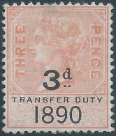 Great Britain - ENGLAND,Queen Victoria,Revenue Stamp Tax,1890 Transfer Duty,Three Pence(3d)Mint - Revenue Stamps