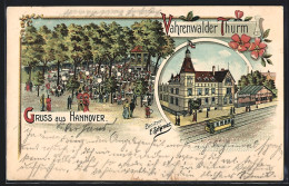 Lithographie Hannover, Gasthaus Vahrenwalder Thurm, Strassenbahn  - Hannover