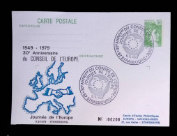 Cp, Entier Postal, Cachet Commémoratif, 30 E Ann. Du Conseil De L'Europe, Journée De L'Europe, 67 Strasbourg, 5-5-1979 - Overprinter Postcards (before 1995)