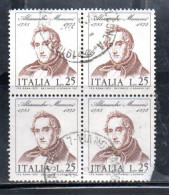 ITALIA REPUBBLICA ITALY REPUBLIC 1973 CENTENARIO MORTE DI ALESSANDRO MANZONI DEATH QUARTINA BLOCK LIRE 25 USATO USED - 1971-80: Oblitérés