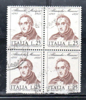 ITALIA REPUBBLICA ITALY REPUBLIC 1973 CENTENARIO MORTE DI ALESSANDRO MANZONI DEATH QUARTINA BLOCK LIRE 25 USATO USED - 1971-80: Used