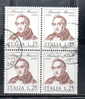 ITALIA REPUBBLICA ITALY REPUBLIC 1973 CENTENARIO MORTE DI ALESSANDRO MANZONI DEATH QUARTINA BLOCK LIRE 25 USATO USED - 1971-80: Used