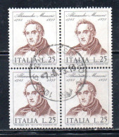 ITALIA REPUBBLICA ITALY REPUBLIC 1973 CENTENARIO MORTE DI ALESSANDRO MANZONI DEATH QUARTINA BLOCK LIRE 25 USATO USED - 1971-80: Used